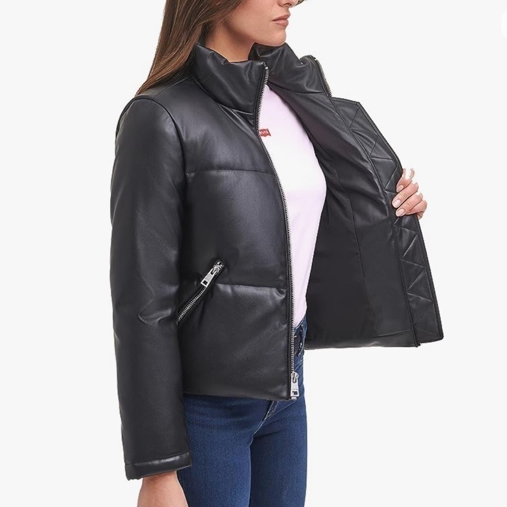 Levi's Black Faux Leather Puffer‎ Jacket Stand Collar Zip Pockets Womens Small